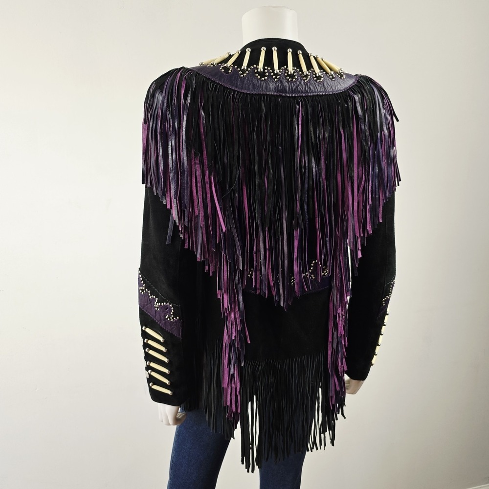 Leather Gallery Western Fringe Suede Jacket Cowgirl Southwest Beaded Size M Snap - Picture 3 of 15
